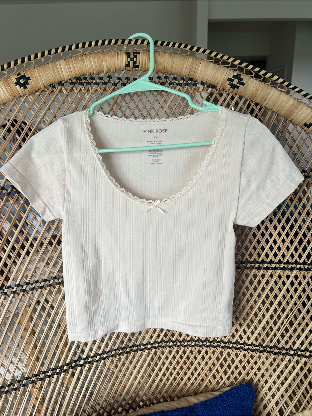 Pink Rose Cream Ribbed Scoop-Neck Short Sleeve Top